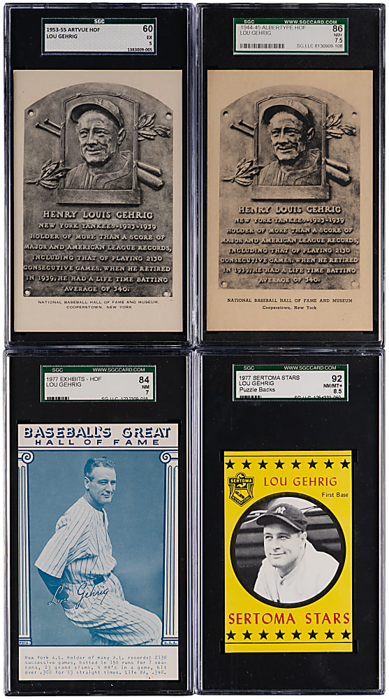 1944-1977 Lou Gehrig Oversized SGC Graded Cards (4) with (2) Hall of Fame Postcards