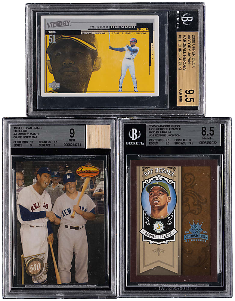 1978-2022 Baseball Hall of Fame & Superstar Graded Cards (23) with Mickey Mantle Game-Used Bat & Ichiro Suzuki Rookie