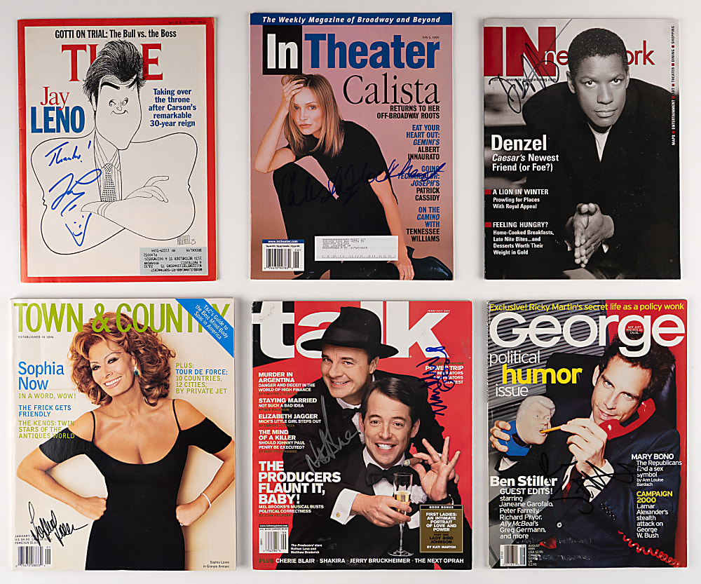 Actors/Entertainers Signed Magazines (40) with (47) Signatures including Denzel Washington & Ben Stiller, Sophia Loren