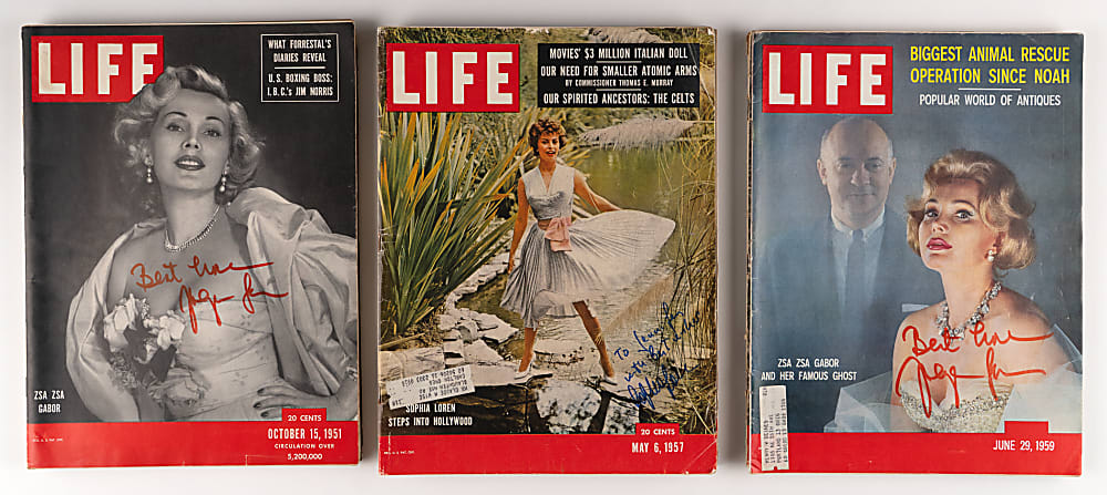 1930s-1990s Entertainers & Actors Signed Life Magazines (40) with Many Leading Ladies Including Bardot, Welch, Bacall, Gabor & Loren - Loaded!