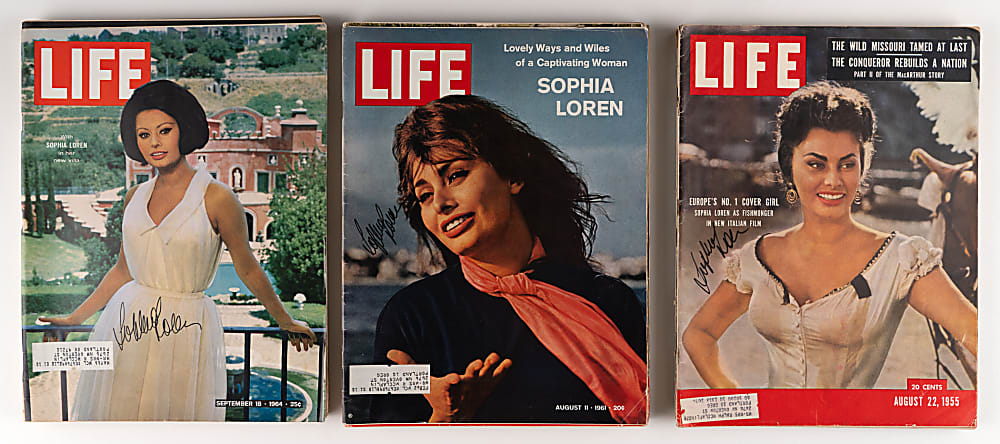 1930s-1990s Entertainers & Actors Signed Life Magazines (40) with Many Leading Ladies Including Bardot, Welch, Bacall, Gabor & Loren - Loaded!
