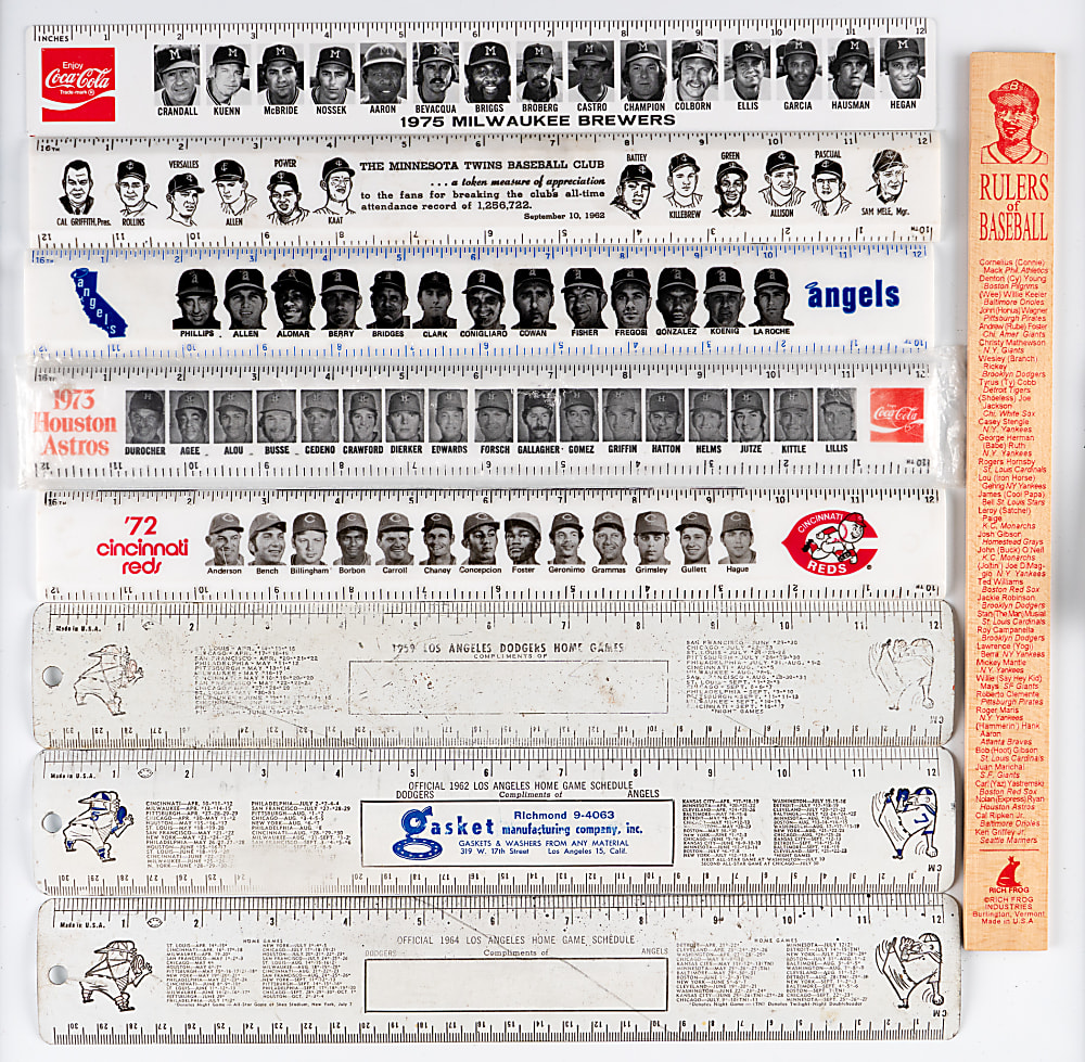1959-1980s Baseball Rulers Collection (9) with 1959, 1962 & 1964 Los Angeles Dodgers Plus Hank Aaron & Pete Rose