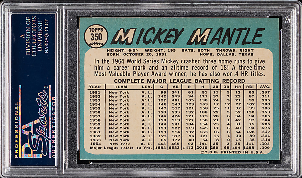1965 Topps #350 Mickey Mantle PSA MINT 9 (oc)