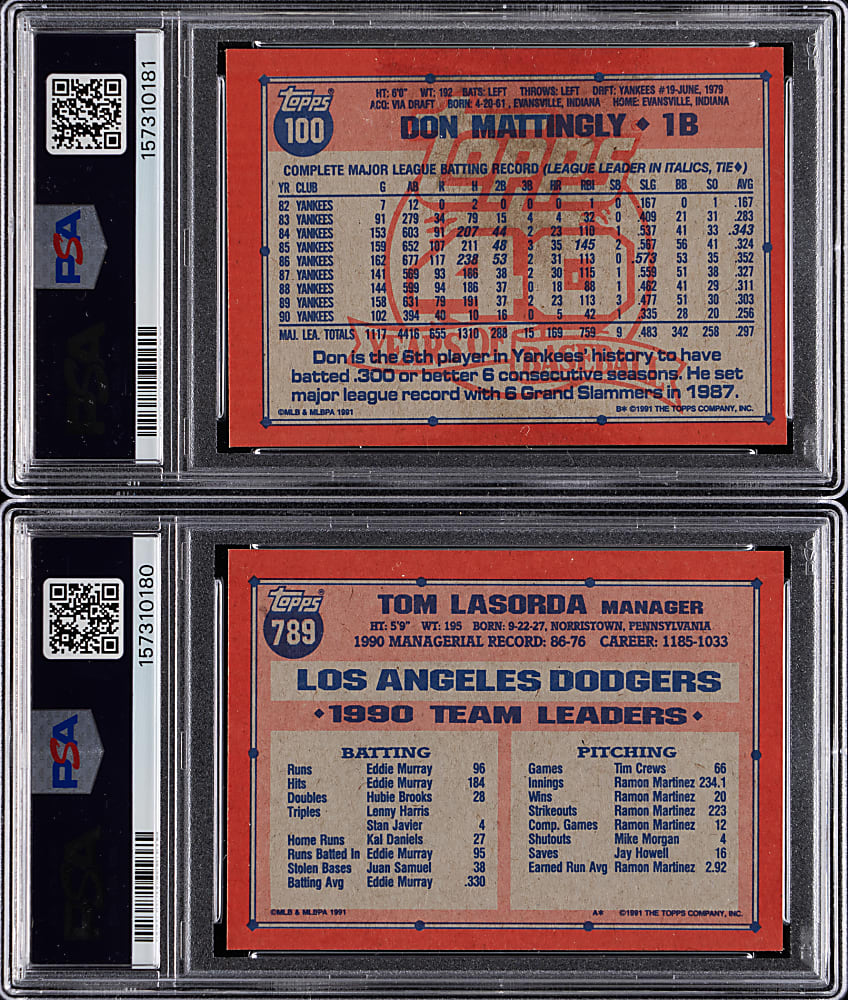 1991 Topps Desert Shield Star PSA NM 7 Graded Pair with #100 Don Mattingly & #789 Tommy Lasorda
