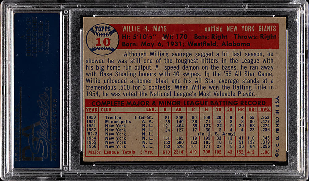 1957 Topps #10 Willie Mays PSA EX-MT 6