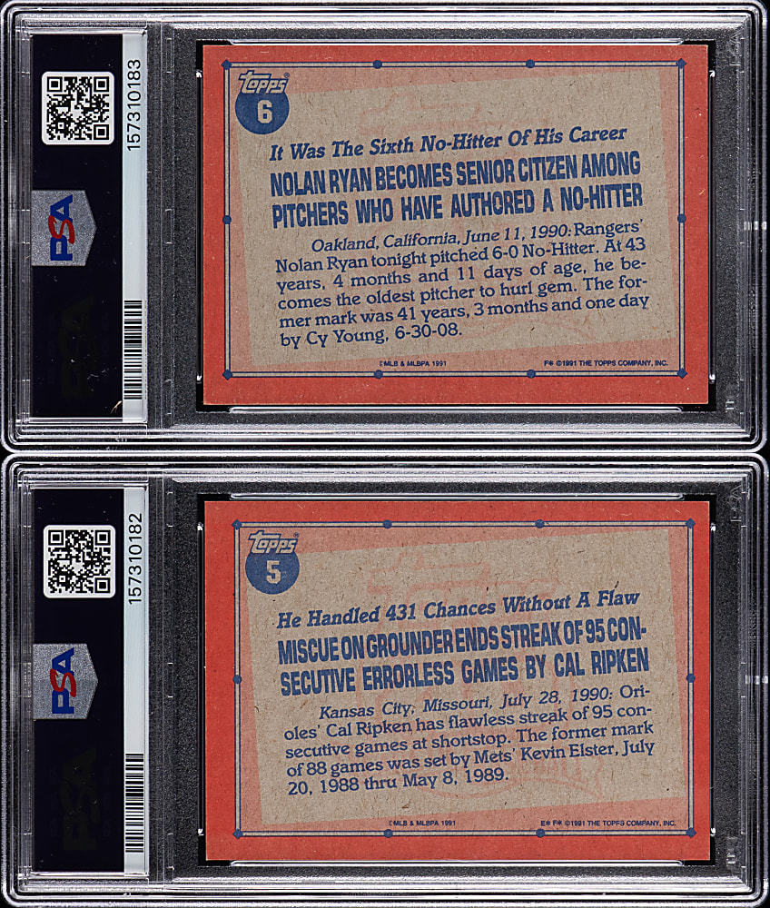 1991 Topps Desert Shield Hall of Fame Record Breakers PSA Graded Pair with #5 Cal Ripken Jr. & #6 Nolan Ryan