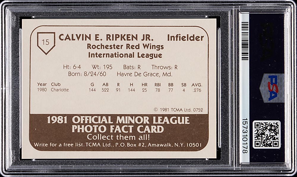 1981 TCMA Rochester Red Wings #15 Cal Ripken Jr. Minor League PSA MINT 9