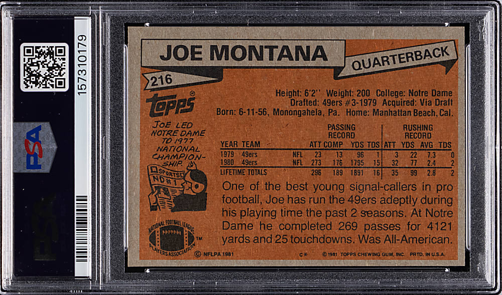 1981 Topps Football #216 Joe Montana Rookie PSA EX-MT 6