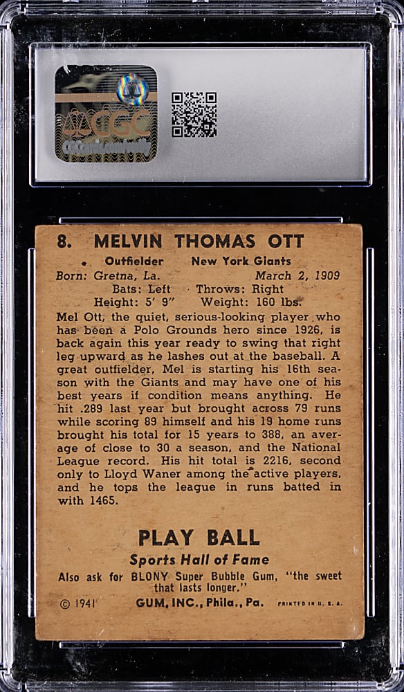 1941 Play Ball #8 Mel Ott CGC VG 3