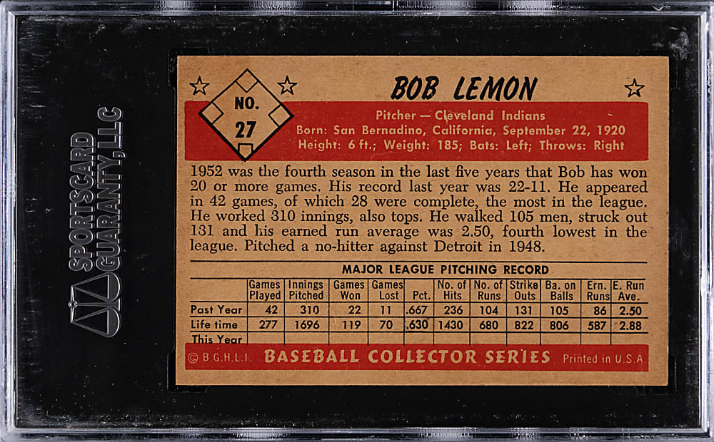 1953 Bowman Black & White #27 Bob Lemon SGC MINT 9 - Population 1 with None Higher