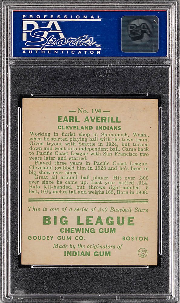1933 Goudey #194 Earl Averill PSA NM-MT 8 (oc)