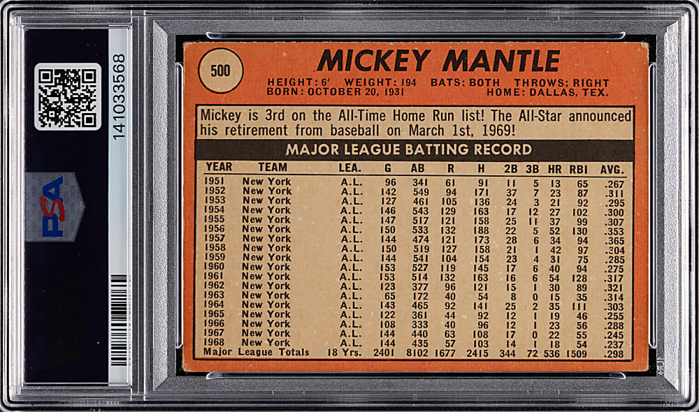 1969 Topps #500 Mickey Mantle PSA GOOD+ 2.5
