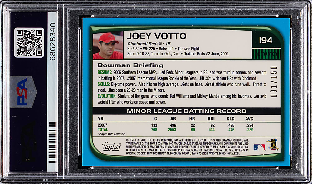 2008 Bowman Chrome #194 Joey Votto Rookie Blue Refractor #/150 PSA MINT 9