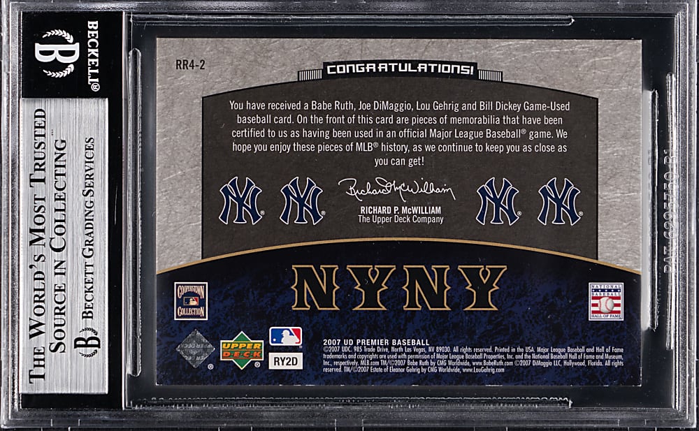 2007 Upper Deck Premier Rare Remnants Quad Platinum with Babe Ruth, Joe DiMaggio, Lou Gehrig & Bill Dickey #2/5 BGS NM-MT+ 8.5