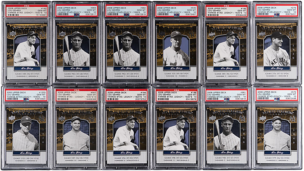 2008 Upper Deck Yankee Stadium Legacy Lou Gehrig PSA GEM MINT 10 Collection (12) - All Population 1 or 2