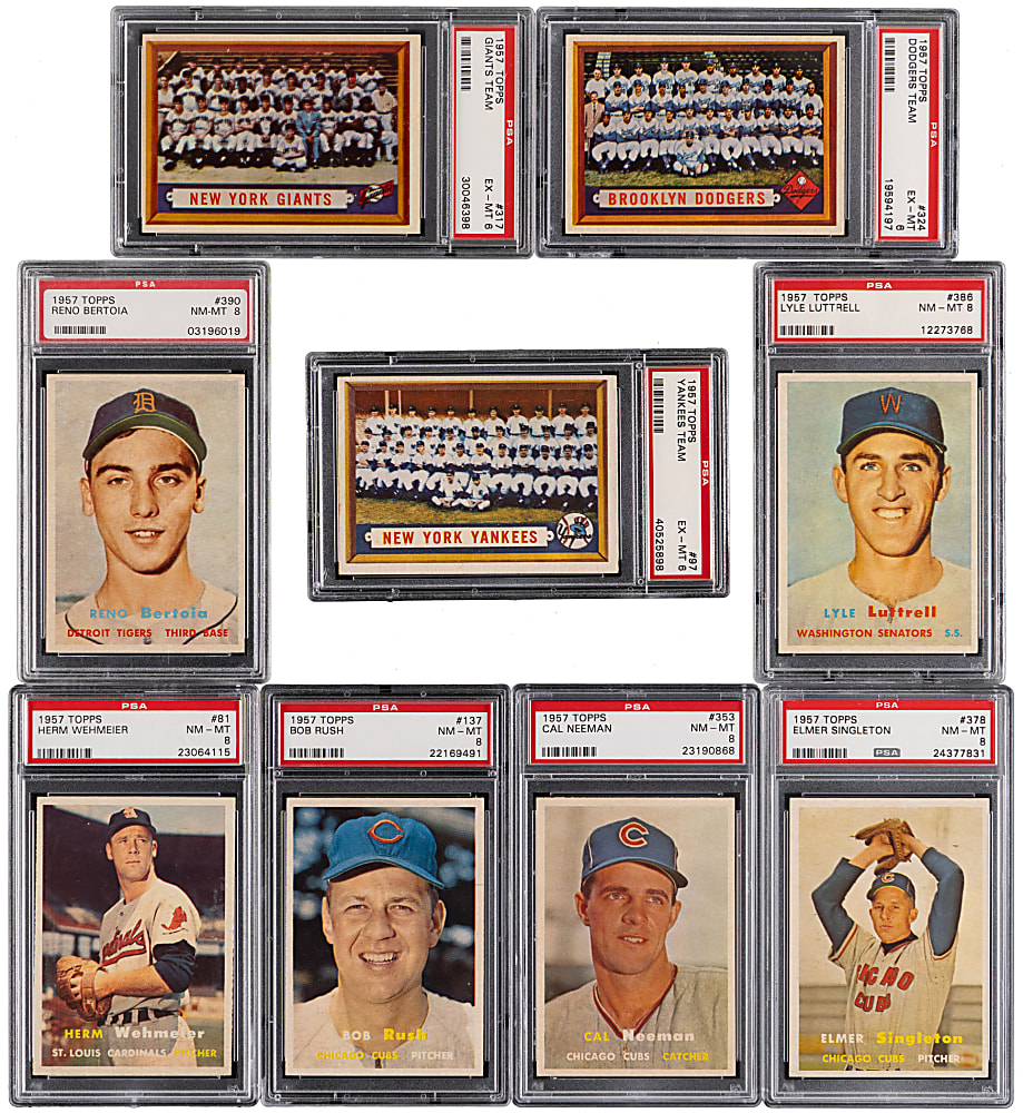 1957 Topps Collection (80) Different with (9) PSA Graded EX-MT 6 to NM-MT 8 Including Key Team Cards