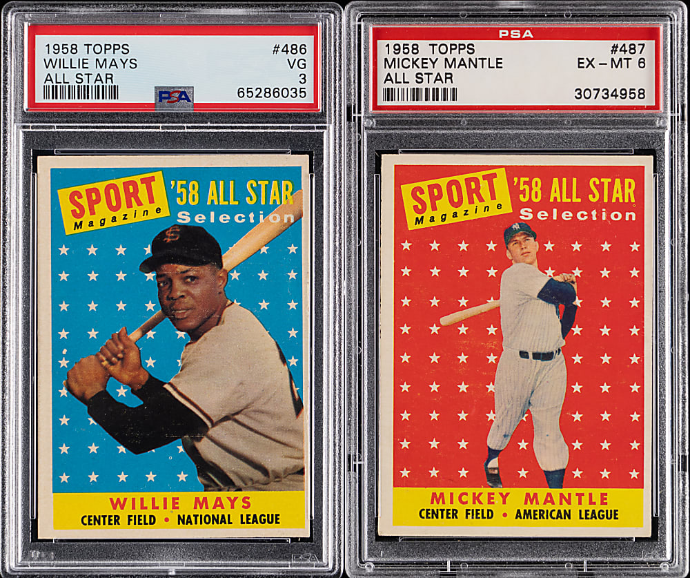 1958 Topps #486 Willie Mays PSA VG 3 & #487 Mickey Mantle PSA EX-MT 6 All-Star Pair
