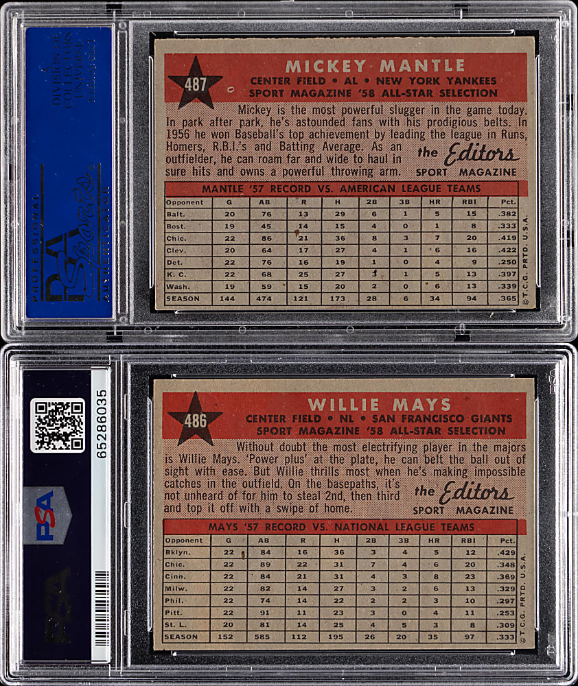 1958 Topps #486 Willie Mays PSA VG 3 & #487 Mickey Mantle PSA EX-MT 6 All-Star Pair