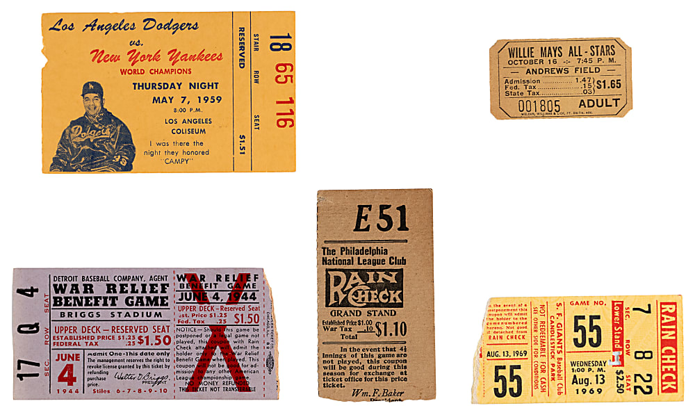 1920s-1960s Interesting Ticket Collection (13) with Clemente 3 Home Run Game, Mays Shortstop Game, Campanella Tribute & Ashburn 1st 1949 Homerun