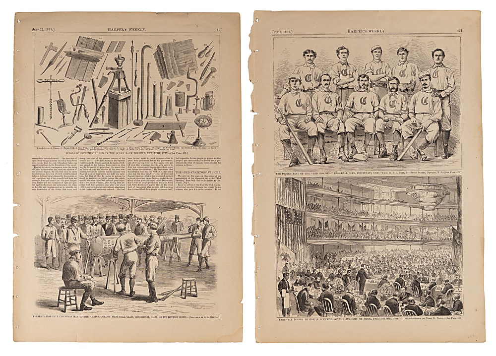1869 Harper’s Weekly Cincinnati Red Stocking Base-Ball Club Woodcut Illustrations (2) Plus Currier & Ives Elysian Fields Vintage Print