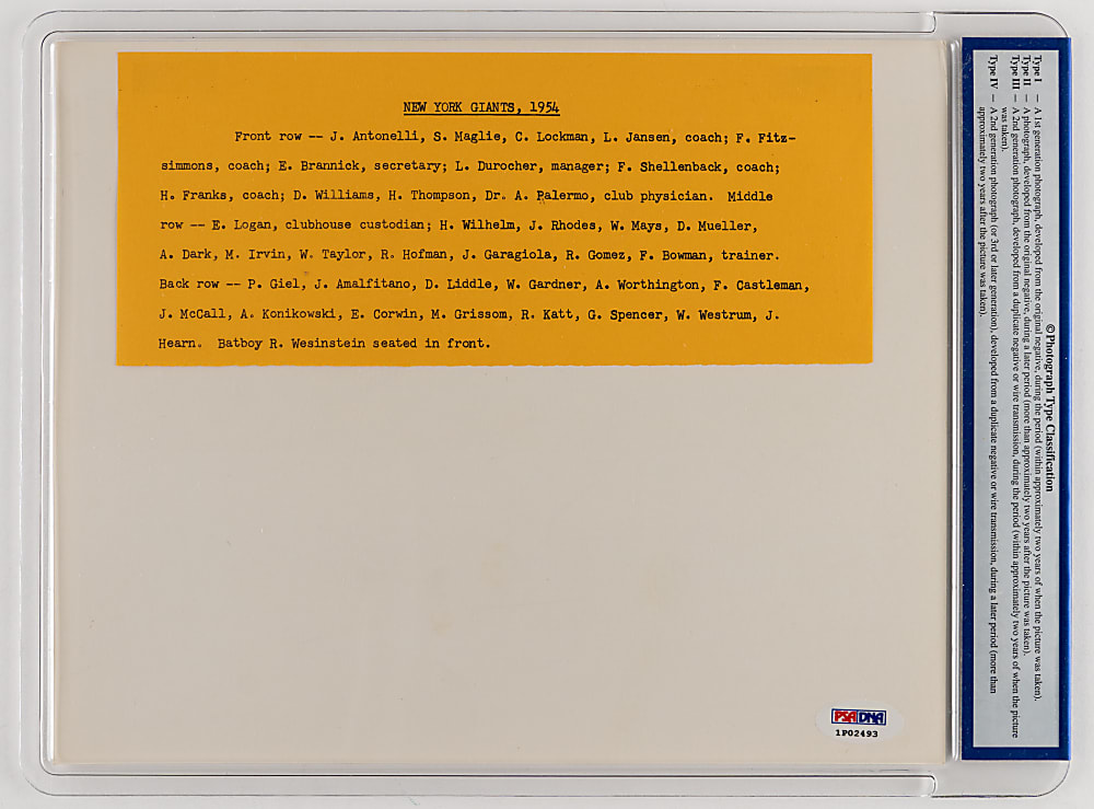 1954 New York Giants World Champions PSA Type I Team Photograph & (8) Willie Mays Type I/Period Photos - (9) Total Pieces