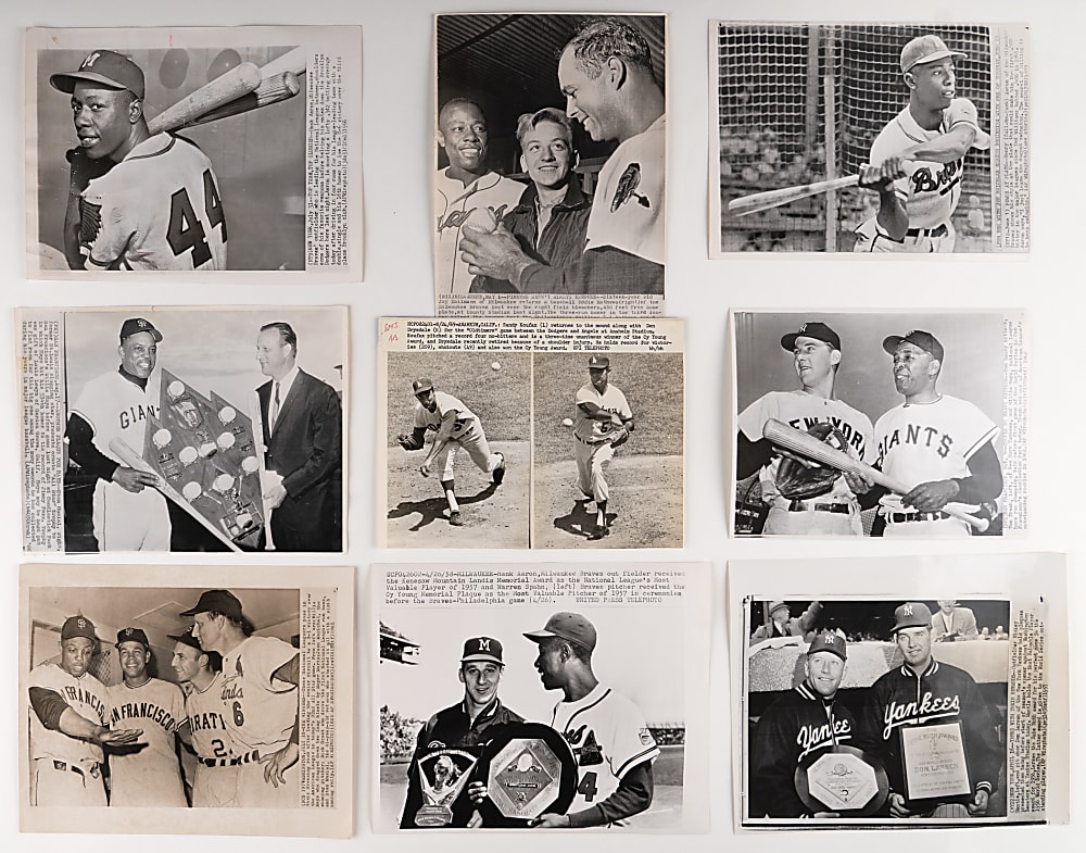 1940s-1970s Captioned News Service Photos (95) with (65+) Hall of Famers Including Mickey Mantle, Willie Mays & Hank Aaron