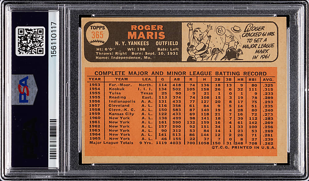 Signed 1966 Topps #365 Roger Maris PSA/DNA Auto 10 Grade