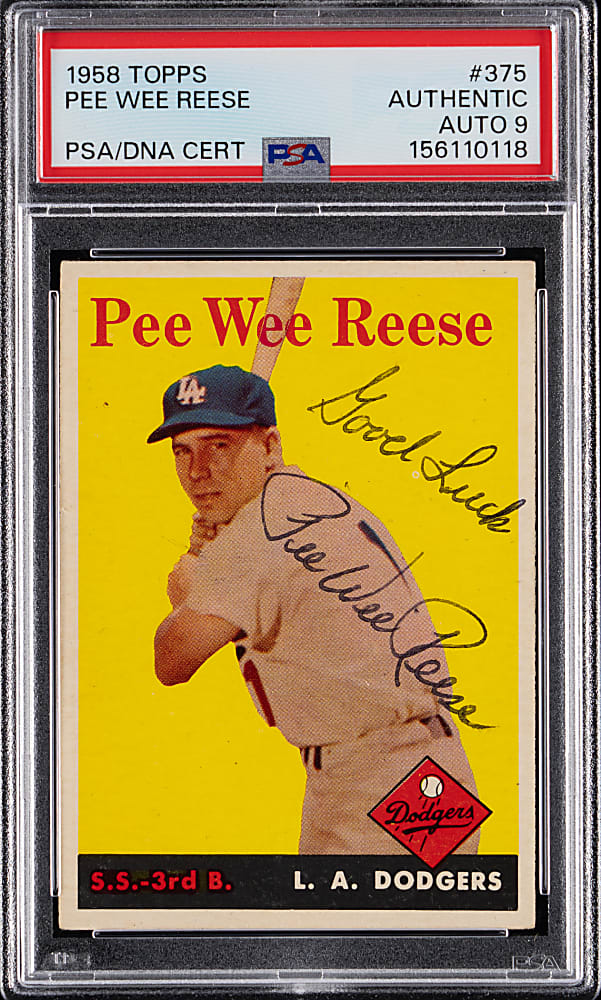 Signed 1958 Topps #375 Pee Wee Reese PSA/DNA 9 Auto Grade
