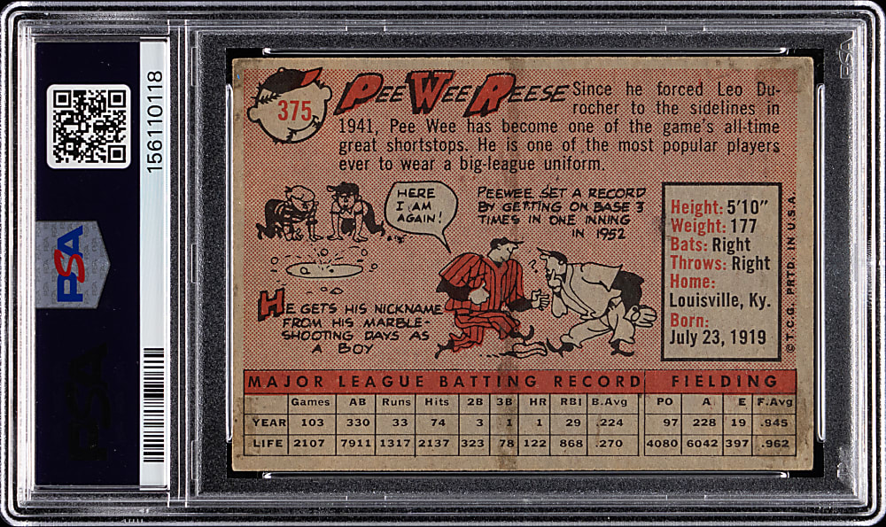 Signed 1958 Topps #375 Pee Wee Reese PSA/DNA 9 Auto Grade