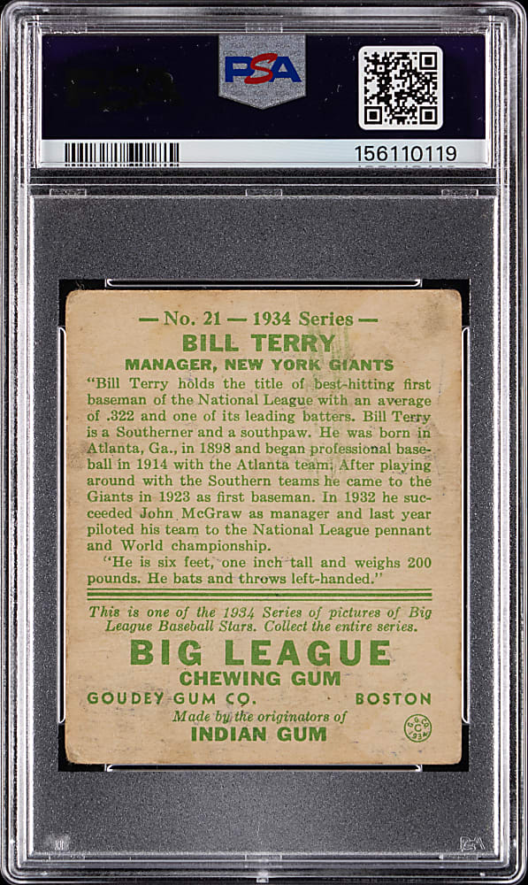 Signed 1934 Goudey #21 Bill Terry PSA/DNA Auto Grade 9