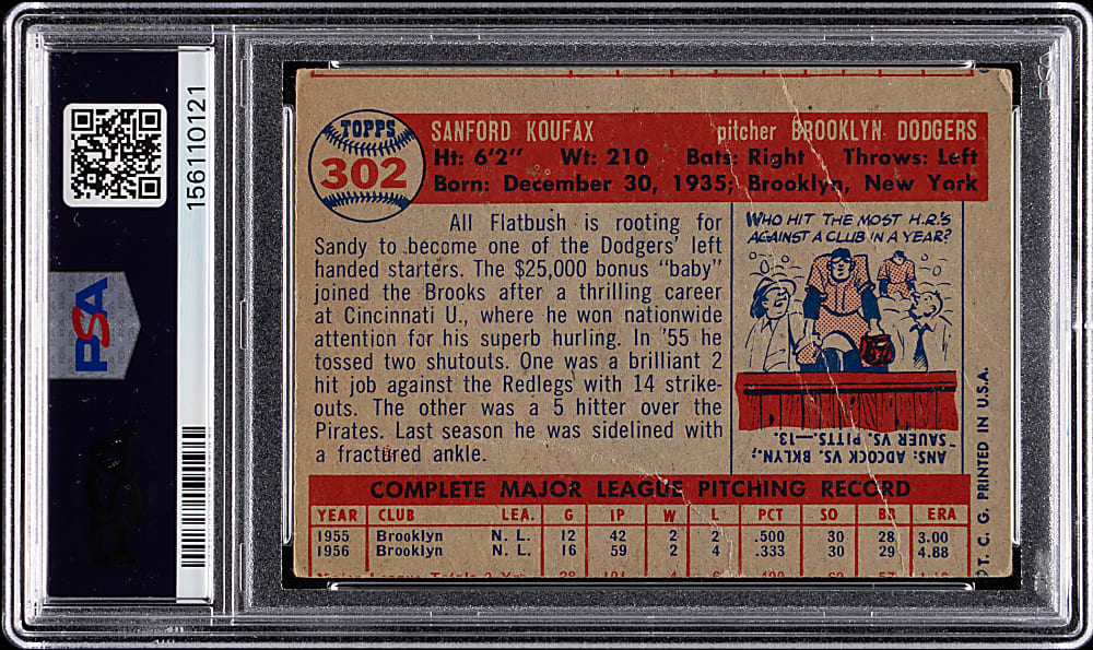 Signed 1957 Topps #302 Sandy Koufax PSA/DNA Auto Grade 10