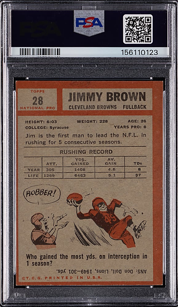 Signed 1962 Topps Football #28 Jim Brown PSA/DNA Auto Grade 10