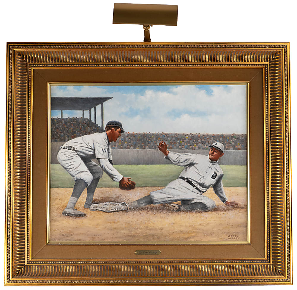 Fantastic Ty Cobb Sliding Original Artwork By Gerry Dvorak with Private Commission Provenance & Ephemera