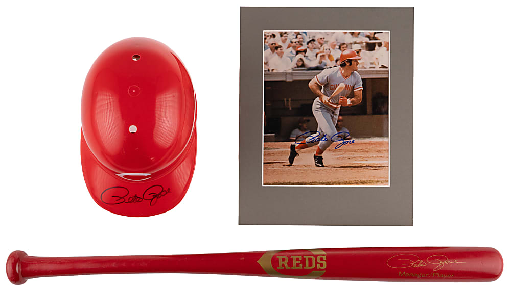 Pete Rose Trio with Signed Photo, Signed Helmet & Commemorative Cincinnati Reds Bat