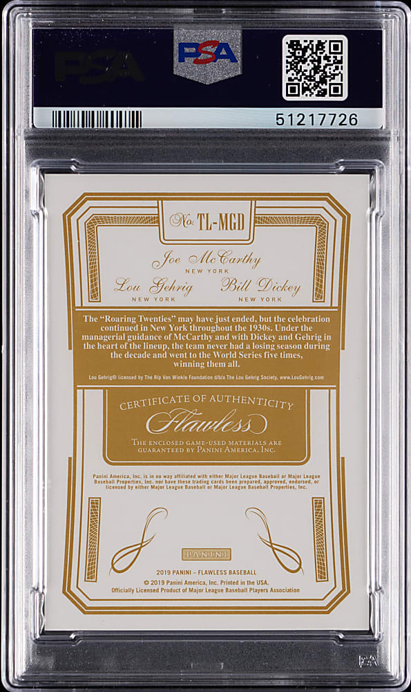 2019 Panini Flawless Lou Gehrig/Bill Dickey/Joe McCarthy Game-Used Relic #4/10 - PSA GEM MINT 10 with Population 1