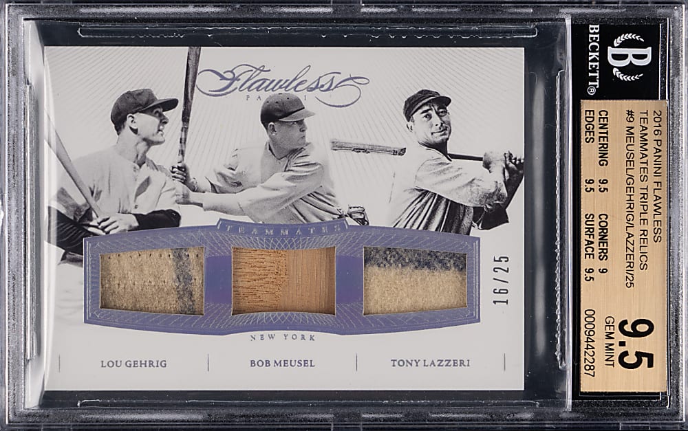 2016 Panini Flawless Teammates #9 Triple Relics Lou Gehrig /Bob Meusel /Tony Lazzeri #/25 BGS GEM MINT 9.5