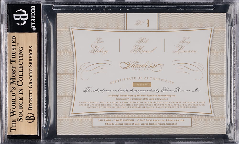 2016 Panini Flawless Teammates #9 Triple Relics Lou Gehrig /Bob Meusel /Tony Lazzeri #/25 BGS GEM MINT 9.5