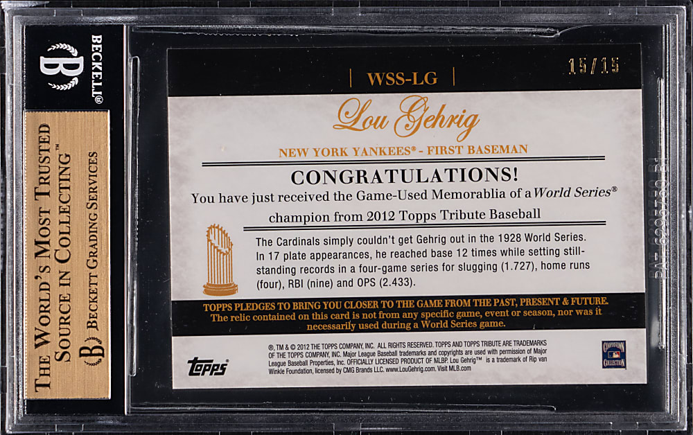 2012 Topps Tribute Lou Gehrig World Series Swatches Game-Used Bat Gold #15/15 BGS GEM MINT 9.5