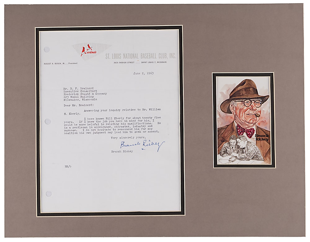 1963 Branch Rickey Signed Letter on St. Louis Cardinals Letterhead Matted Display with Full JSA LOA