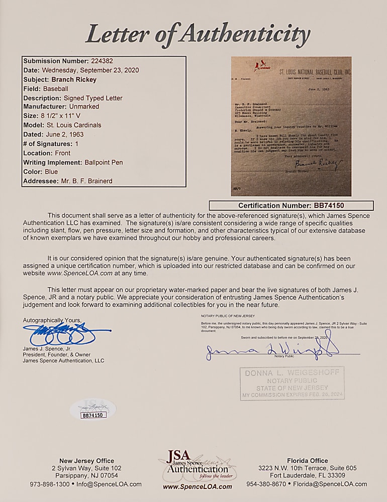 1963 Branch Rickey Signed Letter on St. Louis Cardinals Letterhead Matted Display with Full JSA LOA