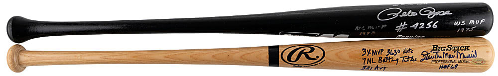 Stan Musial & Pete Rose Signed Stat Bat Pair (13 Total Inscriptions) - Individual Certification