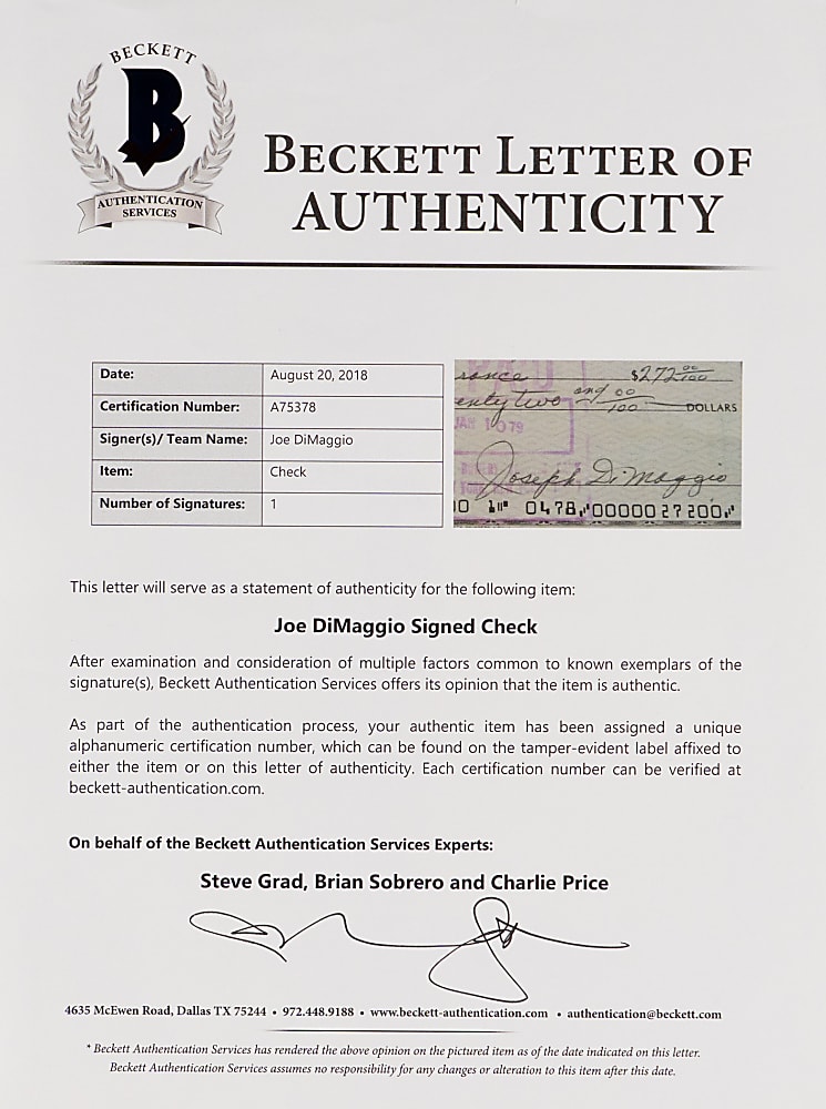 Joe DiMaggio & Ted Williams Signed Check Framed Display