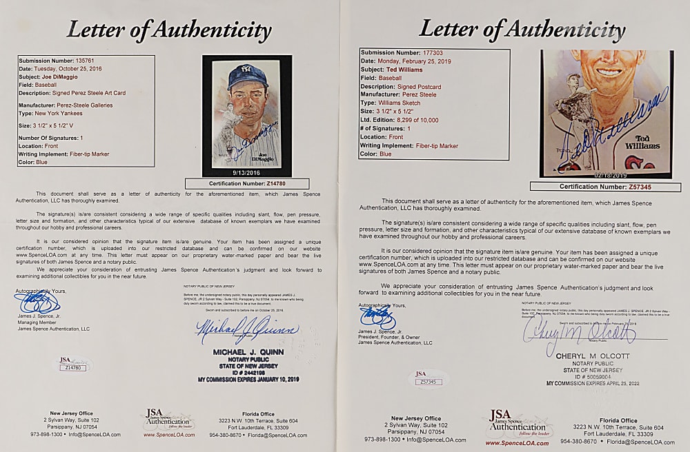 Joe DiMaggio & Ted Williams Signed Perez-Steele Postcard Framed Display - Both Full JSA