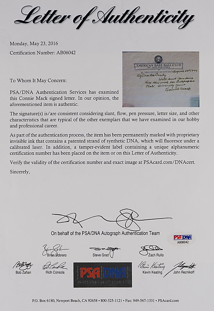 1944 Connie Mack Signed Handwritten Letter on Philadelphia Athletics Letterhead - Full PSA/DNA LOA