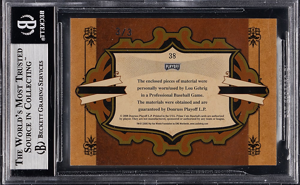 2008 Playoff Prime Cuts Icons Materials Combo #38 Lou Gehrig #3/3 - BGS NM-MT+ 8.5