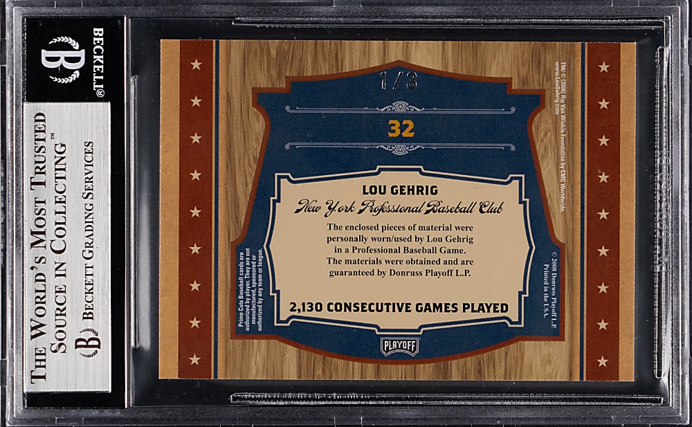 2008 Playoff Prime Cuts Timeline Materials #32 Lou Gehrig Combo #1/3 - BGS MINT 9