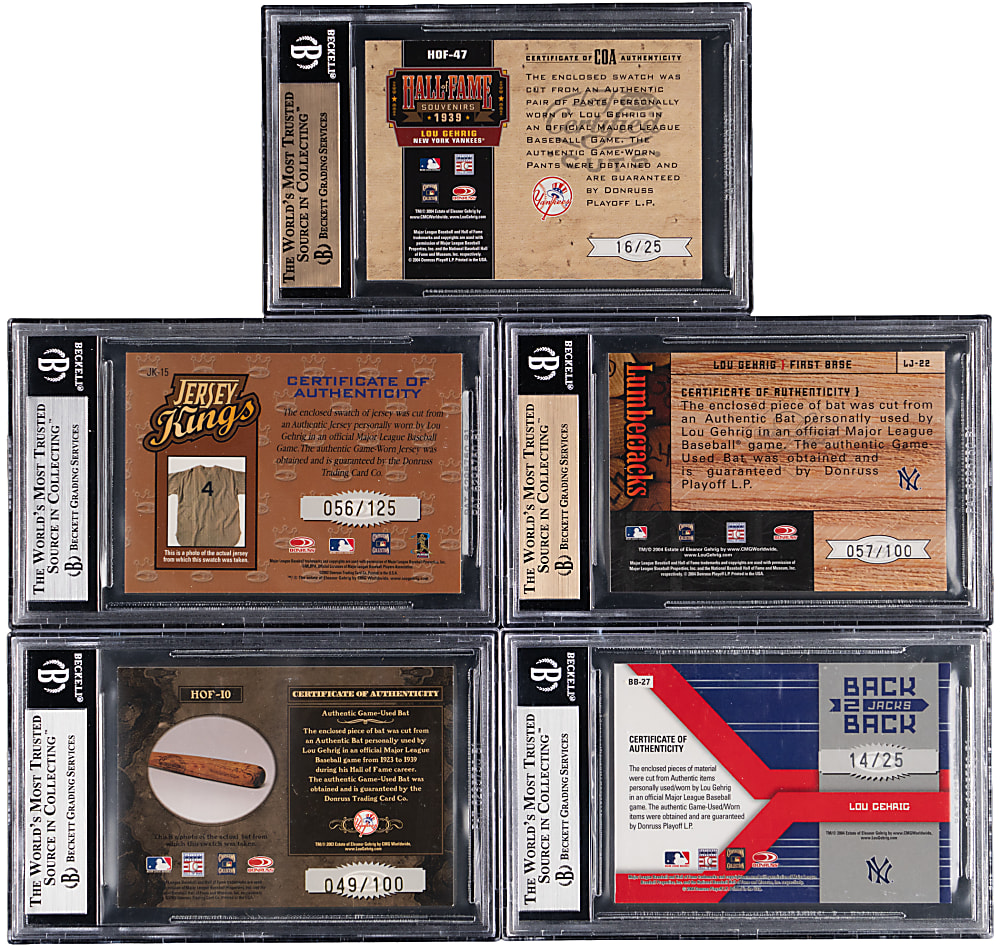 2002-2004 Lou Gehrig Game-Used Relic Collection (5) - Al BGS MINT 9 or GEM MINT 9.5