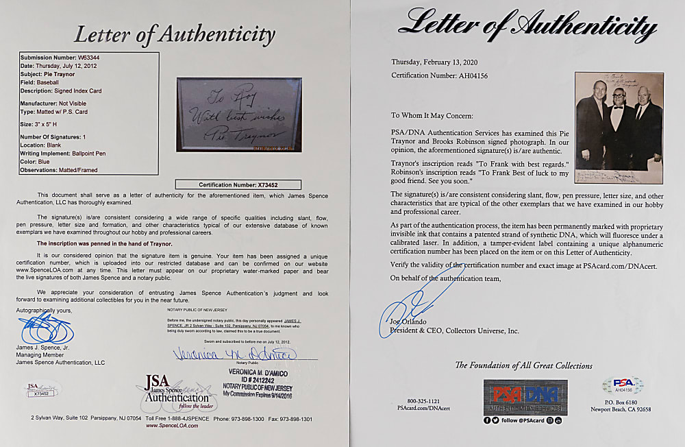 Pie Traynor Signed Pair with Dual-Signed Photograph - PSA/DNA LOA & Index Card - JSA LOA