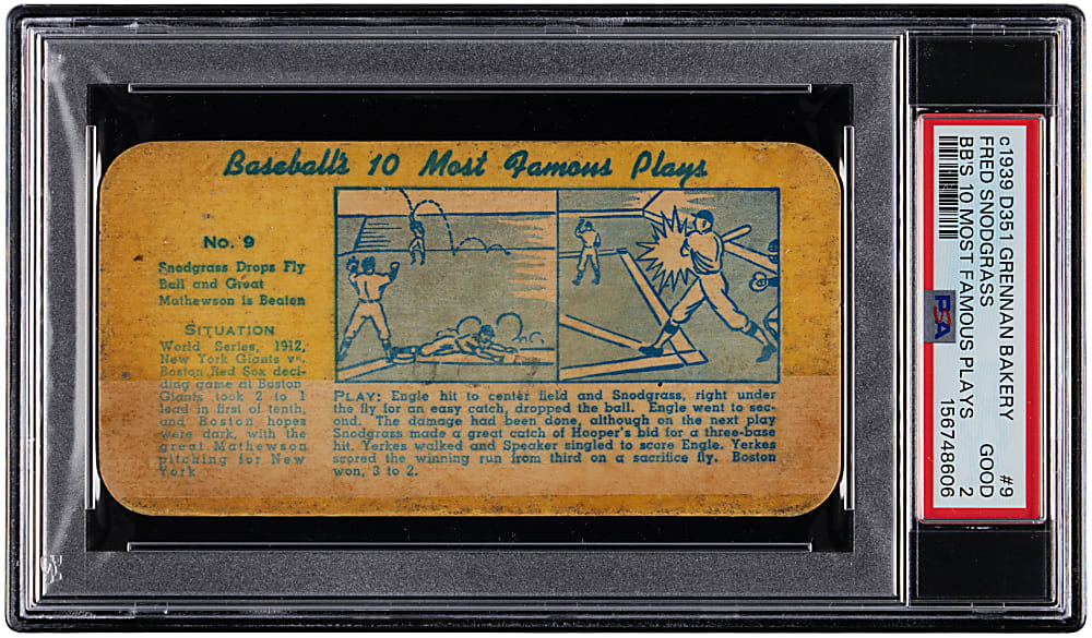 Circa 1939 D351 Grennan Bakery Baseballs 10 Most Famous Plays #9 Fred Snodgrass/Christy Mathewson - PSA GOOD 2 (Population 2 with None Higher)