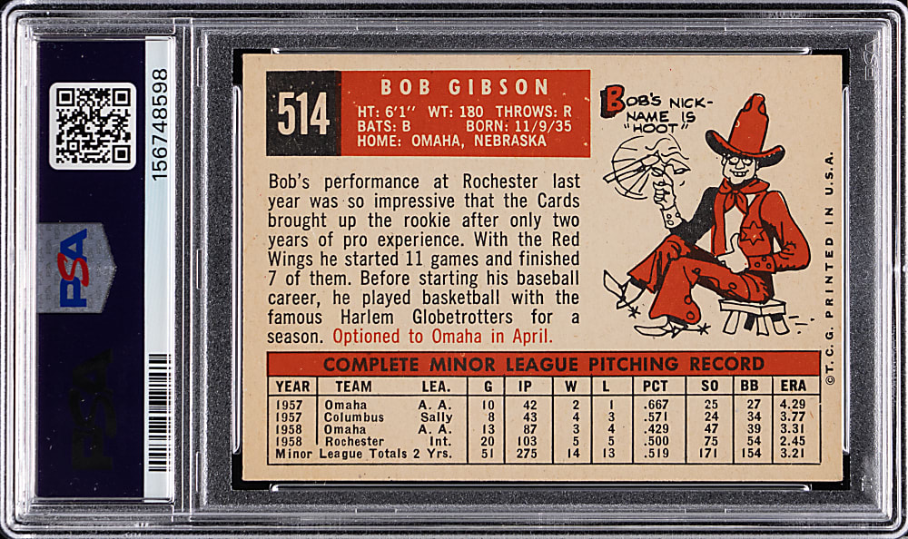 1959 Topps #514 Bob Gibson Rookie High Number PSA EX 5